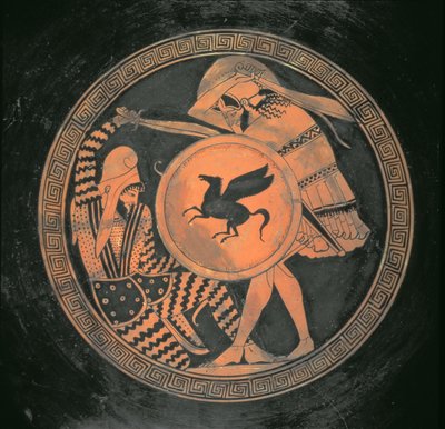 Kylix à figures rouges, illustrant une scène de bataille entre un hoplite portant un bouclier rond avec motif de Pégase et un Perse barbu, Attique, Grèce, 460 av. J.-C. - The Triptolemos Painter The Triptolemos Painter